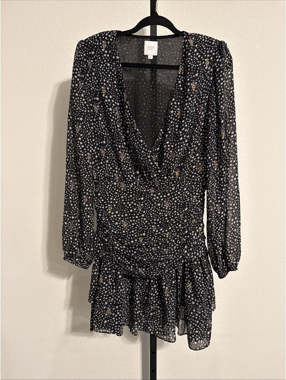 SEN Anthro V-Neck Star Print Drop Ruched Waist Dress - SMALL